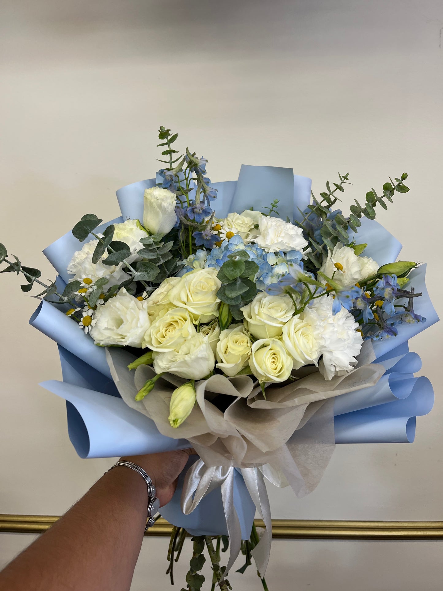 White & Blue Wrapped Bouquet