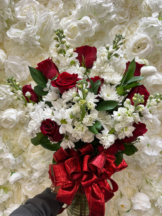 Roses and stock vase